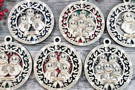 Personalised family of snow people Christmas tree ornament
