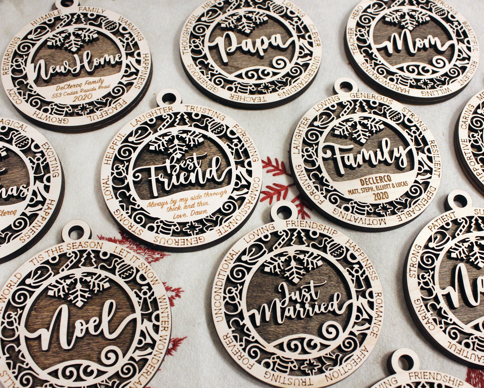 Engraved wooden Christmas tree ornaments