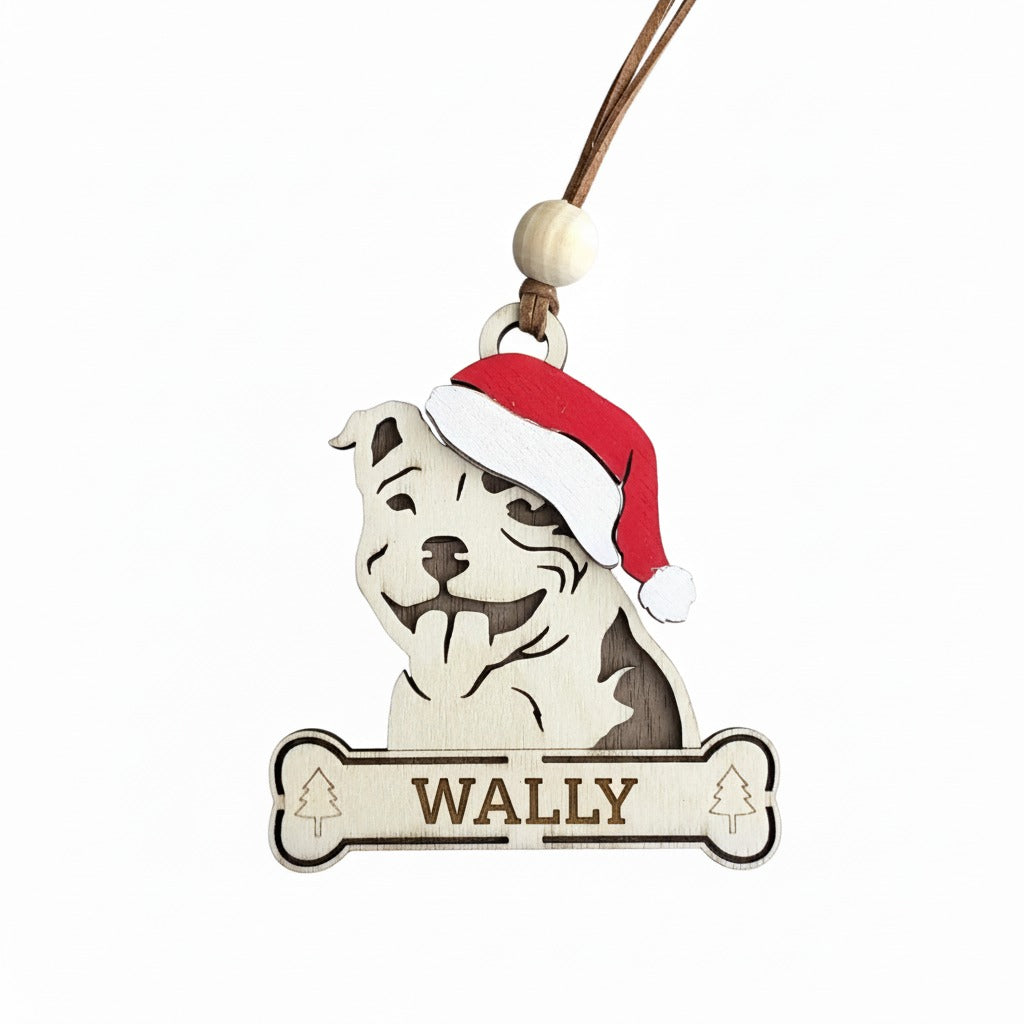 Wooden Staffordshire Bull Terrier christmas ornament