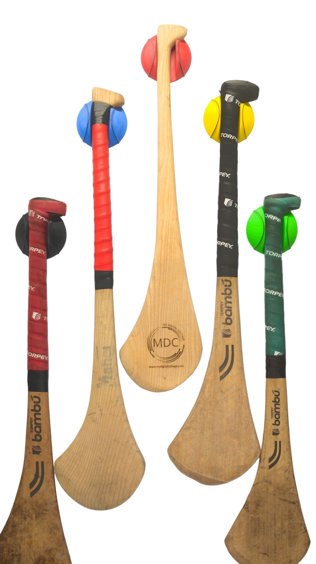 set of hurleys on colourful wall storage mounts