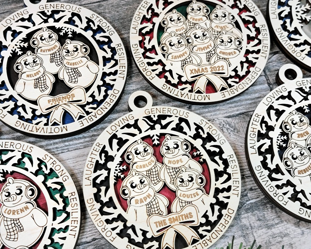 personalised wooden snow family ornament