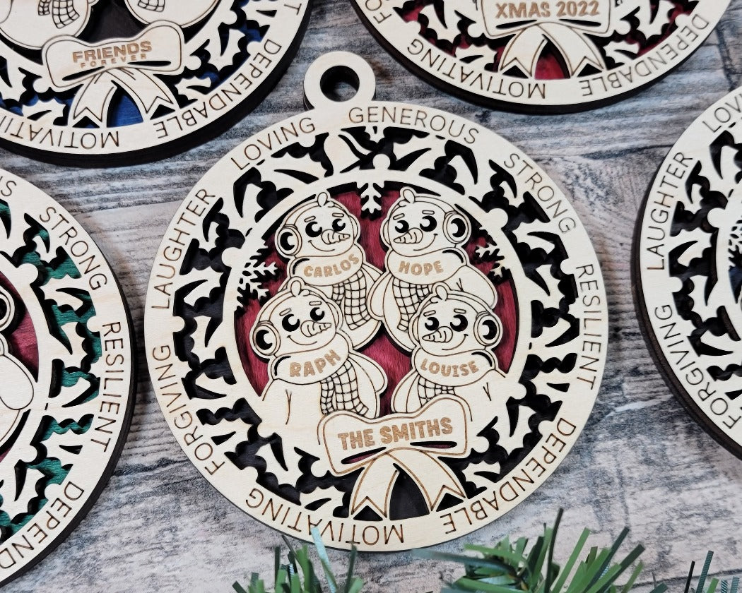 Personalised family of snow people Christmas tree ornament