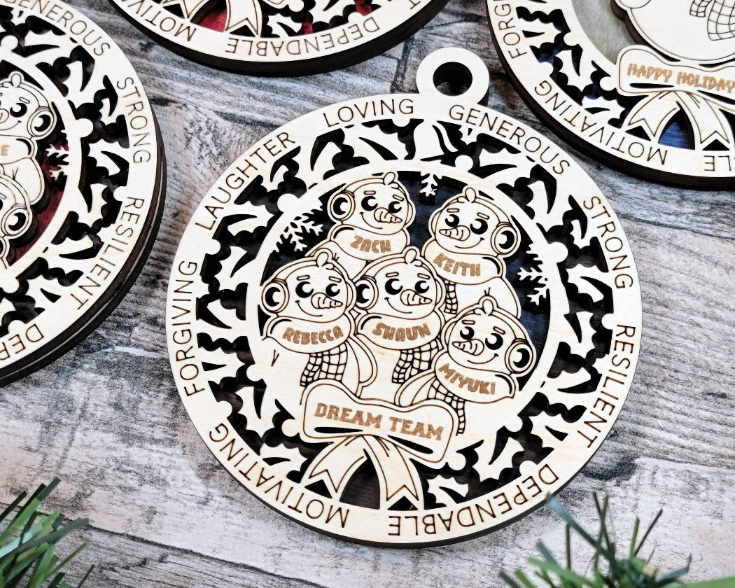 Personalised family of snow people Christmas tree ornament