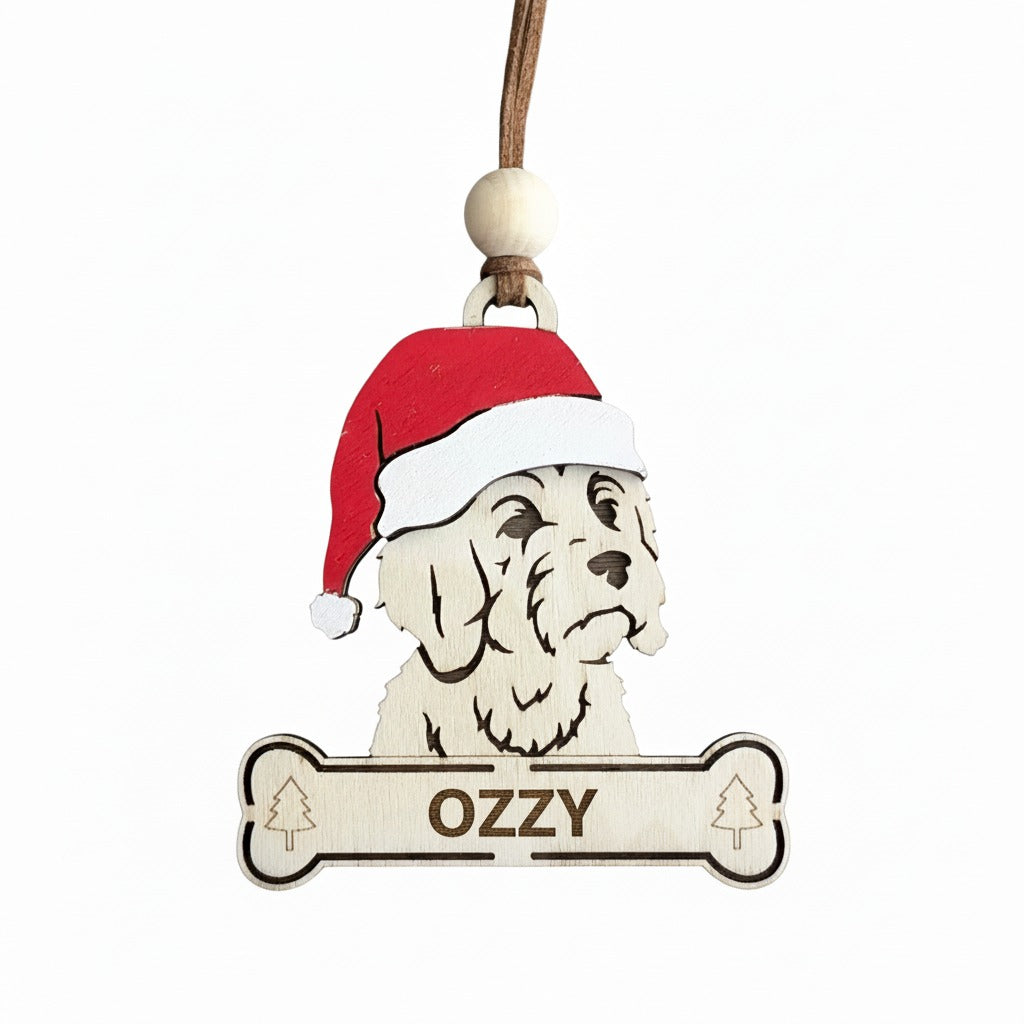 wooden dog Aussie Doodle christmas tree ornament