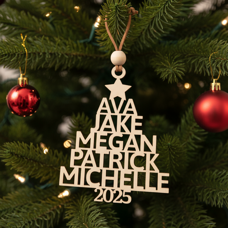 Wooden ornament with names on a Christmas tree
