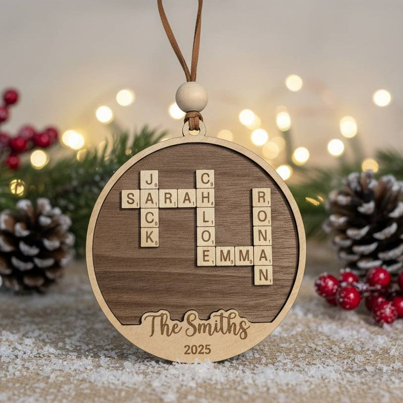 Wooden Christmas ornament with scrabble tiles spelling out names