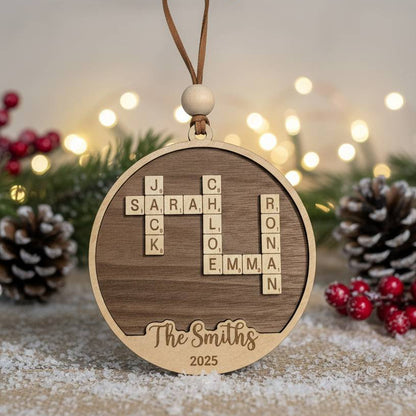 Wooden Christmas ornament with scrabble tiles spelling out names