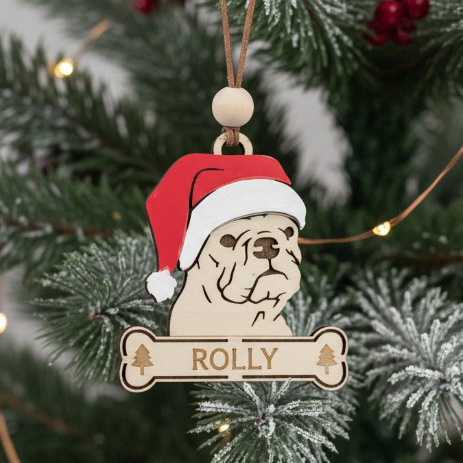 Wooden ornament of French Bulldog wearing a Santa hat 