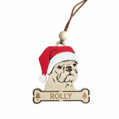 Wooden dog Christmas tree ornament of French Bulldog wearing a Santa hat 