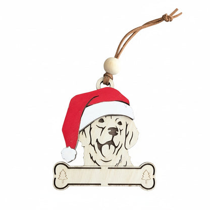 Decorative Christmas ornament of a Golden Retriever dog wearing a Santa hat