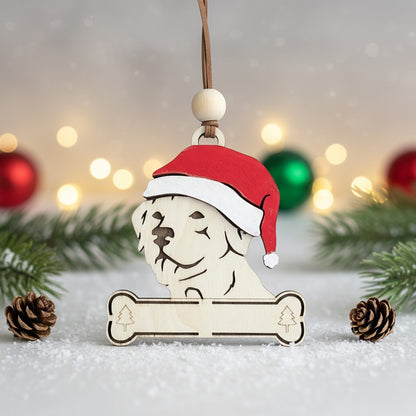 Wooden Christmas ornament of a dog wearing a Santa hat