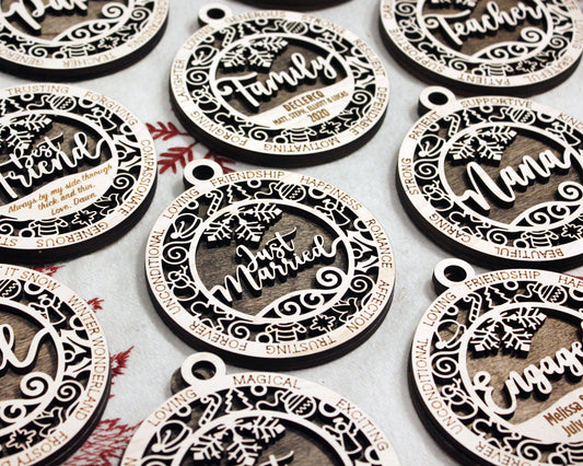 Engraved wooden Christmas tree ornaments