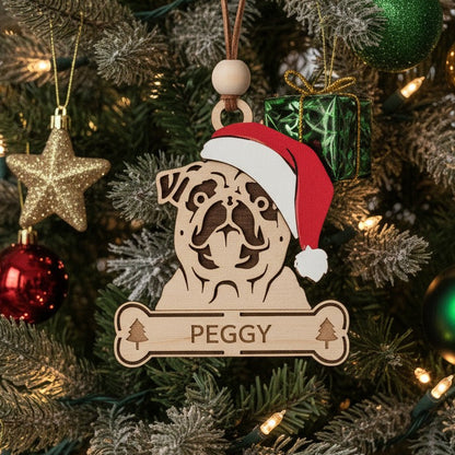 Wooden Pug Dog Christmas Tree ornament