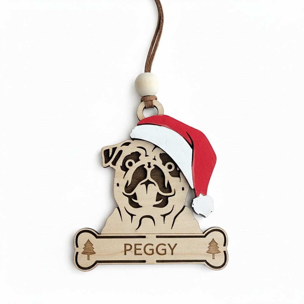 Wooden Pug Dog ornament