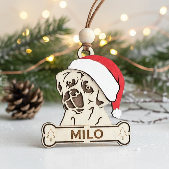 Wooden Pug ornament. Dog wearing a Santa hat