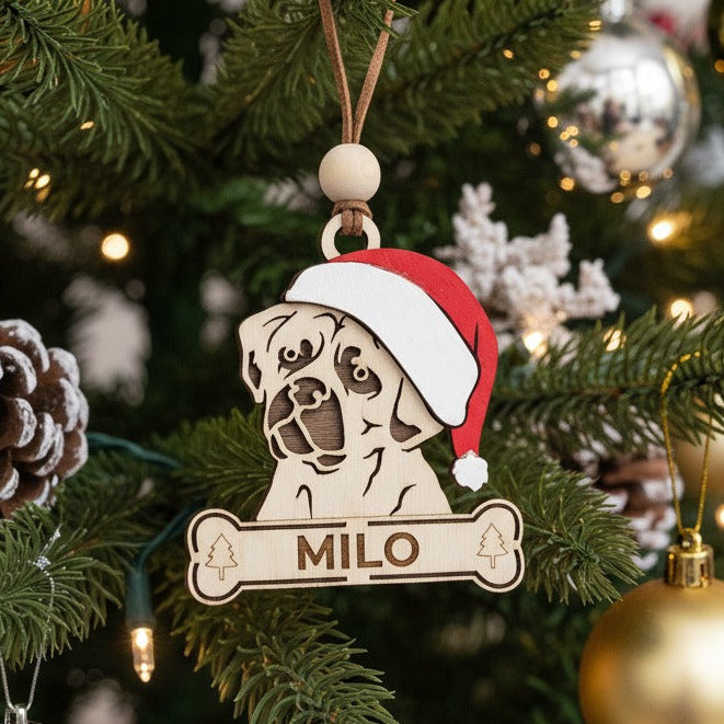Pug wearing a santa hat Christmas tree  ornament