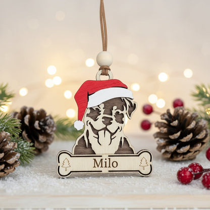 Wooden rottweiler with Santa hat Christmas ornament