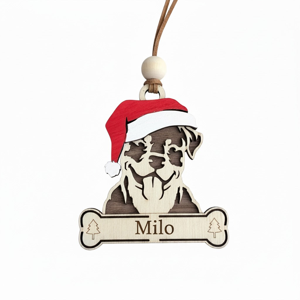 Wooden Rottweiler with santa hat ornament