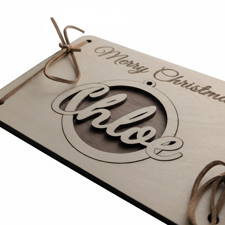 Wooden Christmas card with Merry Christmas text and a removable personalised bauble