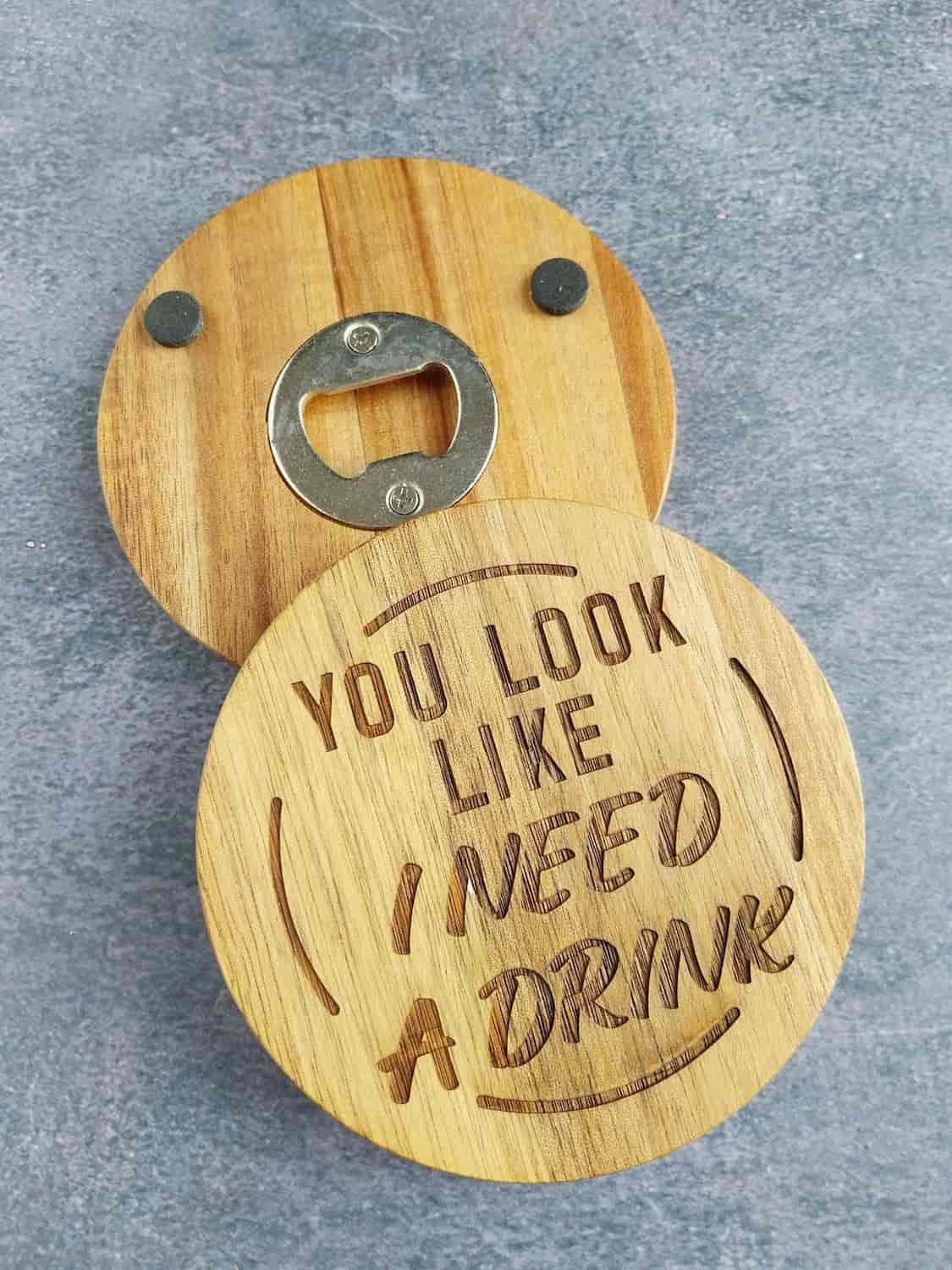 wooden coaster bottle opener