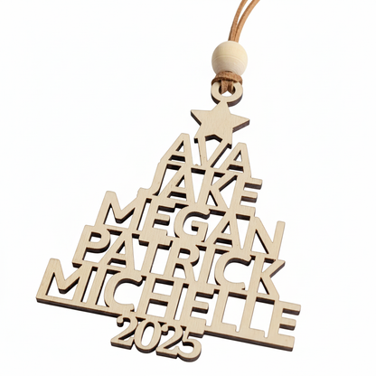 Wooden ornament with engraved names and year in the shape of a Christmas Tree
