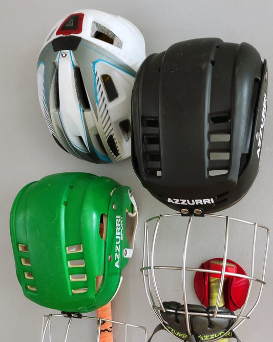 Helmet and hurley Holder storage for hurling or camogie equipment
